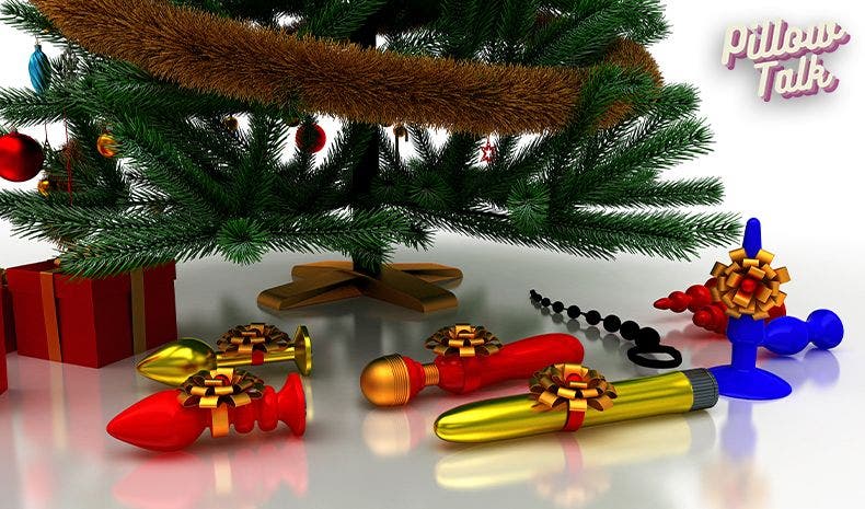 the bottom of a Christmas tree with sex toy gifts underneath
