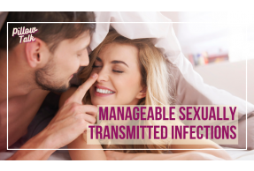 couple under bed sheets, left person has finger on right person's nose, title of blog reads "Manageable STIs" in lower left, in top right "Pillow Talk" logo