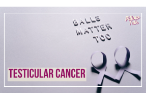 two purple ribbons, purple letters read "balls matter too", title of blog reads "Testicular Cancer" in lower left, in top right "Pillow Talk" logo