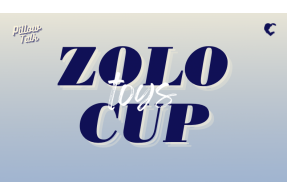 blue and cream gradient background with blue text "ZOLO CUP" and white cursive "toys". Top left is cream and navy "Pillow Talk" logo and top right is navy Lion's Den logo.