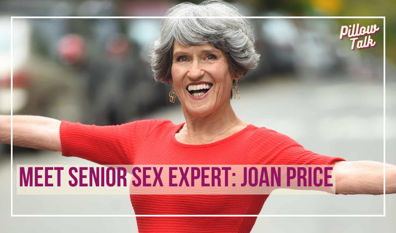 Older woman with short, styled gray hair, stands outside, wearing a form-fitting red dress with arms stretched out, smiling. A white frame surrounds image, text in magenta “Meet Senior Sex Expert: Joan Price” "Pillow Talk" in magenta is in upper right.