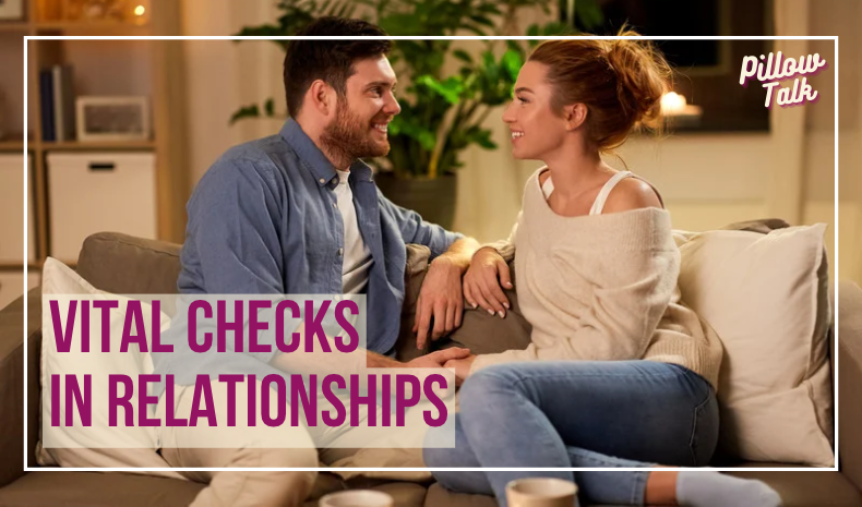 white couple sitting on a couch talking and listening to each other. A white frame surrounds the image and in magenta letters text reads "Vital Checks in Relationships". A logo reading "Pillow Talk" in magenta cursive is in upper right corner