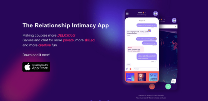 Purple background, image of two cell phone screens open to Amorus app on right, on the left, text says "The Relationship Intimacy App" Available to download in Apple Store