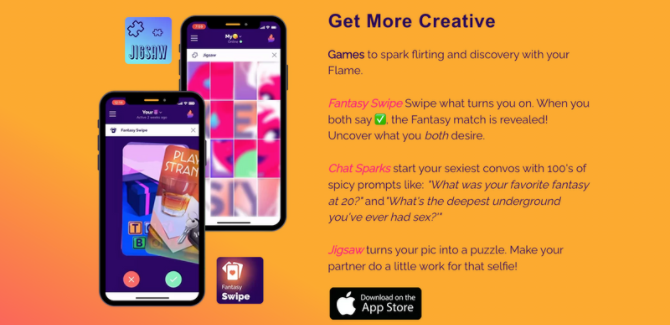 Yellow/orange background, image of two cell phone screens open to Amorus app on left, on the right, text says "Get More Creative". Games called Jigsaw and Fantasy Swipe logos are next to phones. Available to download in Apple Store