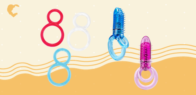 background: wavy gold lines on a cream with white dots with gold lion's den logo in top left corner. Foreground: Red, white, and blue ofinity cock rings [left] and blue and pink Double O Vibrating cockrings [right]