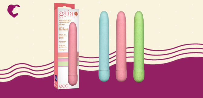 White Gaia eco vibrator packaging with coral accents and coral vibe on box [left] and product images of aqua, coral, green vibes [right]. Background is cream with white dots, magenta wave lines, and magenta Lion's Den logo in top left.