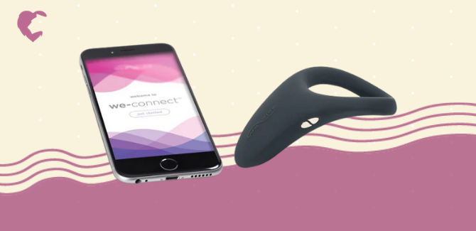 [background] magenta wavy lines on a cream background with white dots, and magenta lion's den logo in top left corner [foreground] image of the verge by we-vibe vibrating cock ring [left] and cellphone with graphic showing the we-vibe connect app.