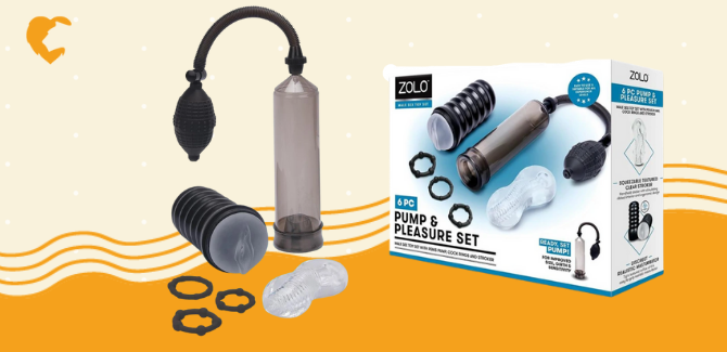 Zolo 6 piece pleasure set with penis pump, masturbator, textured sleeve, and three cock rings [left], and white packaging with blue accents [right]. Background is cream with white dots, yellow/gold wave lines, and yellow/gold Lion's Den logo in top left.