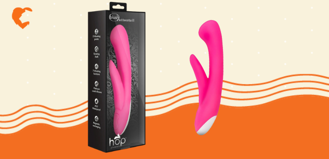 Black packaging with hot pink image of hop cottontail plus [left], and hot pink hop cottontail plus product image [right]. Background is cream with white dots, orange wave lines, and orange Lion's Den logo in top left.