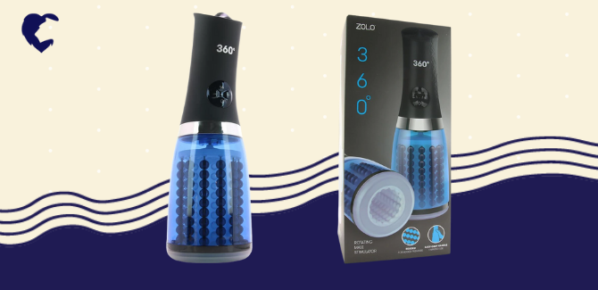 Zolo 360 rotating male stimulator in black, clear, and blue [left], and black packaging with blue accents [right]. Background is cream with white dots, navy wave lines, and navy Lion's Den logo in top left.