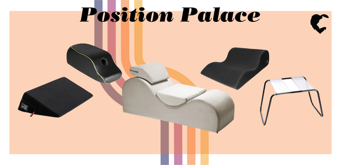 Retro rainbow waves are left-center, on a light orange background. Text "Position Palace" with images of (left to right) Wedge position pillow, Fleshlight pillow mount, sex chaise, hipster sex pillow, and sex stool. Black Lion's Den logo in upper right.