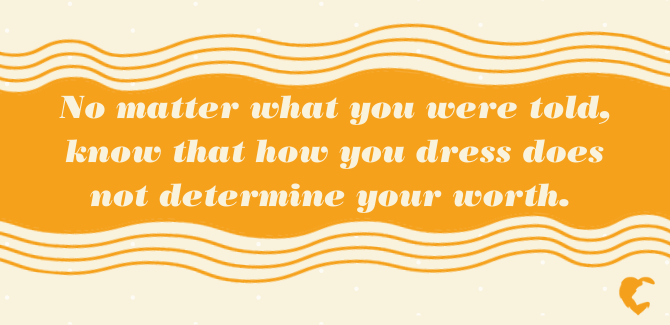 Yellow/gold wave on cream background with yellow/gold Lion's Den logo in bottom right. Text reads, "No matter what you were told, know that how you dress does not determine your worth." Blue background, image of one cell phone screens open to Amorus app on right, on the left, text says "Be More Skilled". Text conversation is between two partners navigating plans for evening, using the app. Available to download in Apple Store