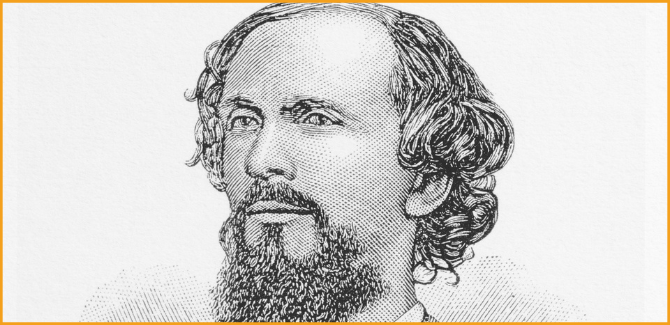 Karl Heinrich Ulrichs in black and white, yellow frame surrounds image.