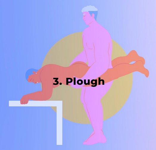 Giving partner (bright pink) is standing holding the legs of receiving partner (red) who is in a plank-like position on a table with their forearms holding their body off the table.