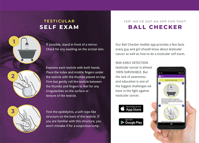 [LEFT] purple background, "Testicular Self Exam" with three steps and [RIGHT] image of a hand holding a phone with an app on the screen, "Yep, we've got an app for that! / Ball Checker" available to download in App Store and Google Play stores.