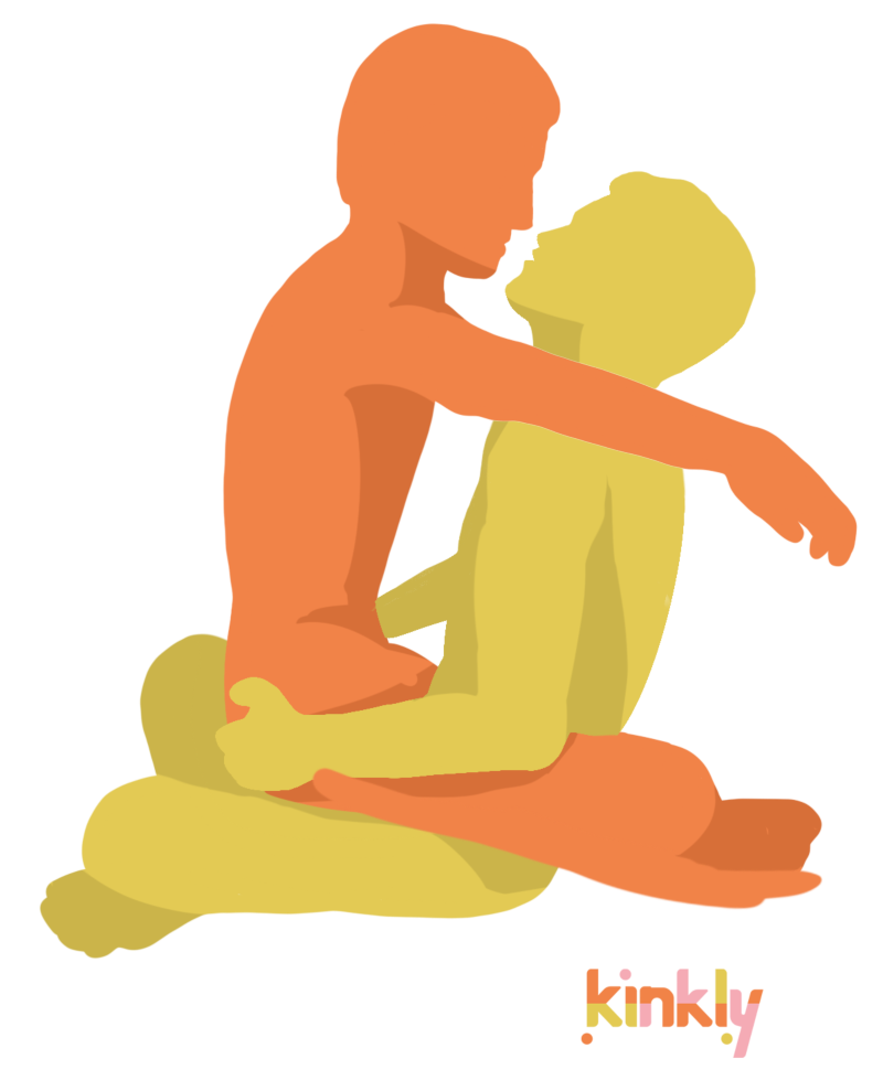 Giving partner (yellow) is sitting down with legs criss-crossed and receiving partner (orange) is sitting on their lap, facing partner, with legs wrapped around their waist. 