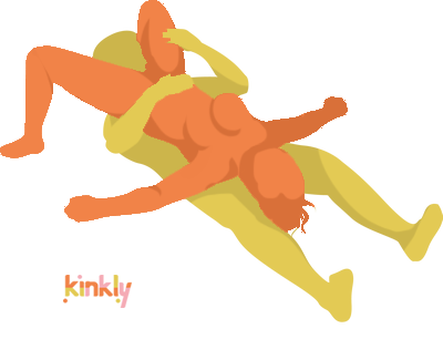 Giving partner (yellow) lays on their back while receiving partner (orange) lays face up on top of them with their legs spread open to giving partner's face.